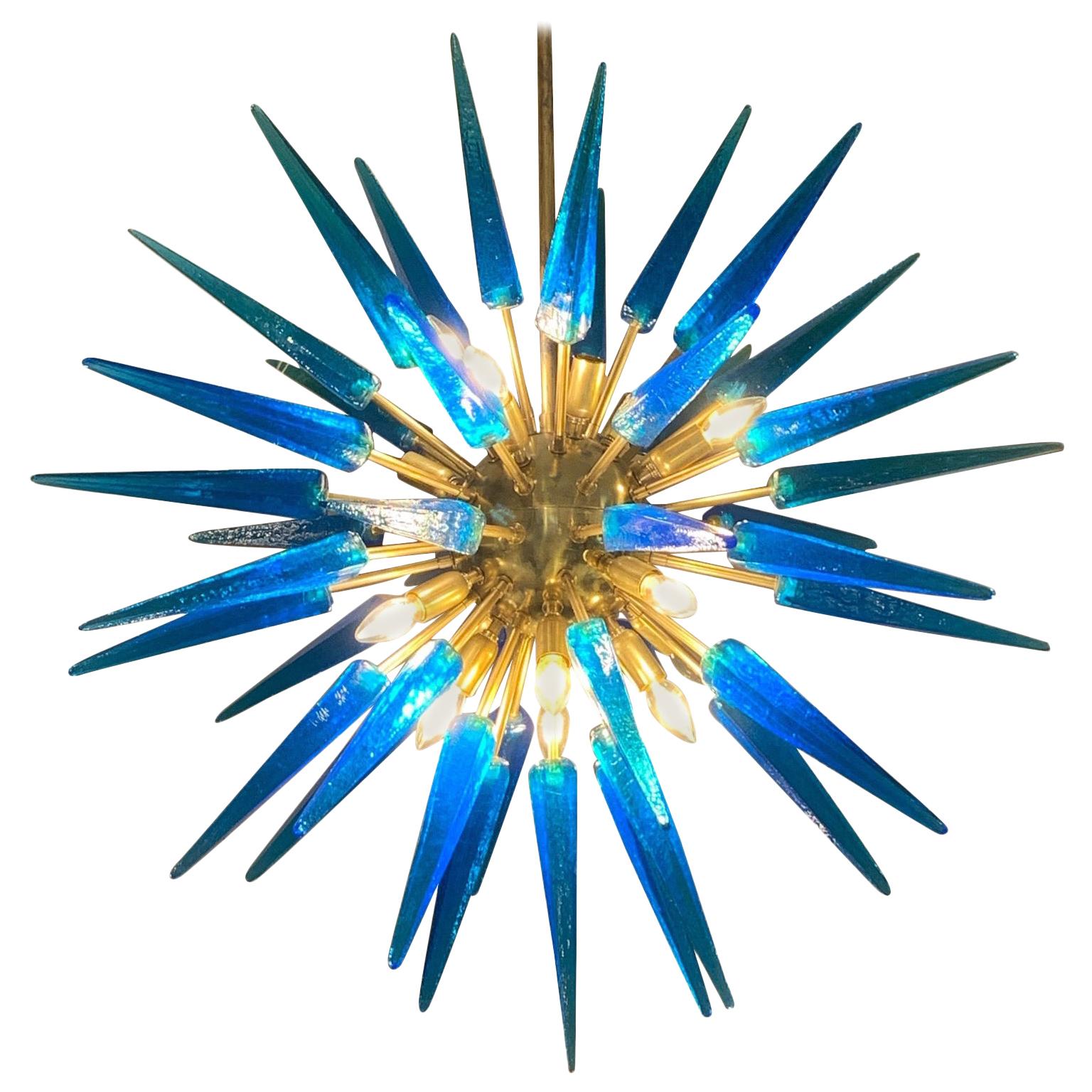 Italian Blue Murano Glass Sputnik Chandelier Brass Structure, 1970s
