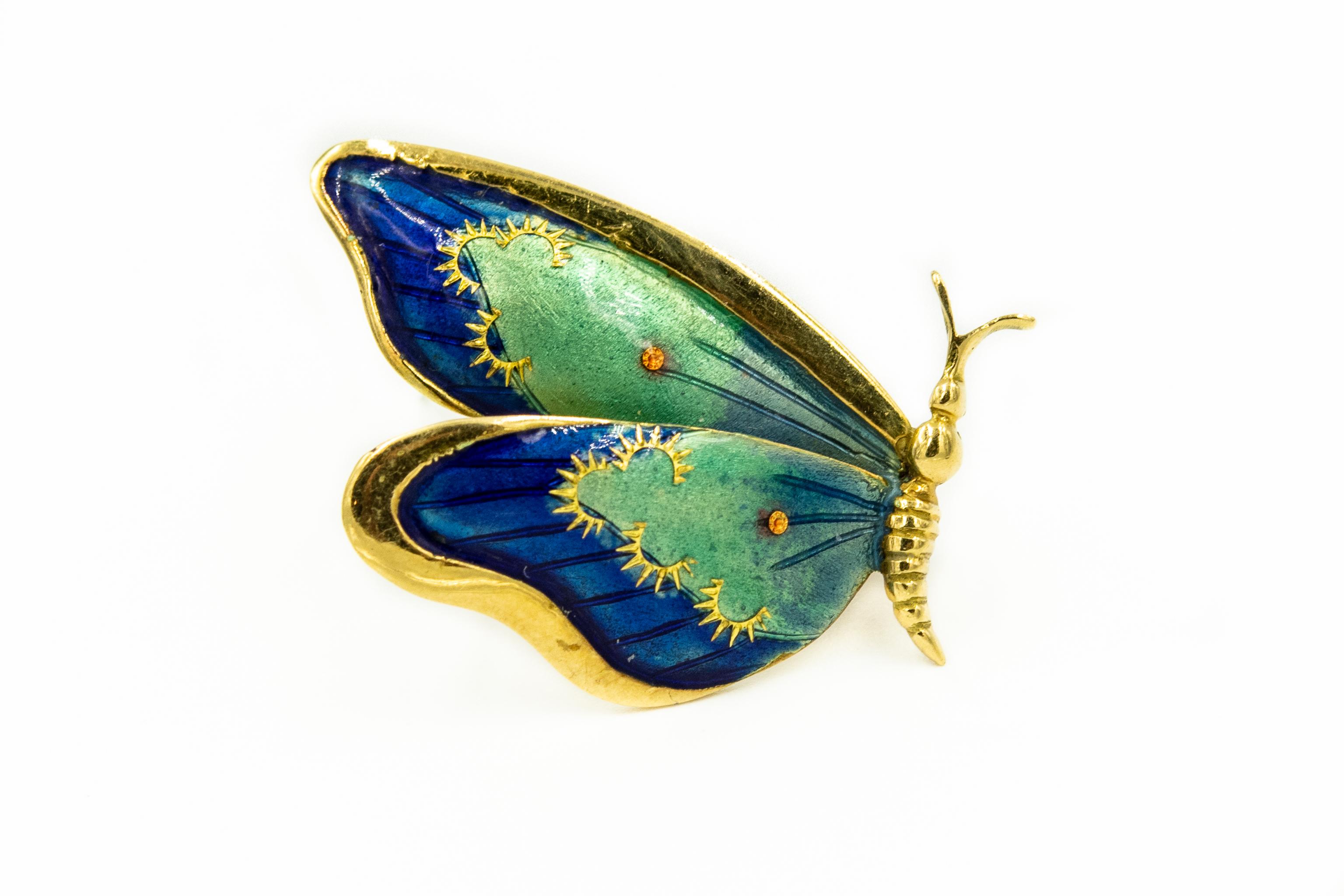Beautifully hand painted 18k yellow gold Italian butterfly brooches.  