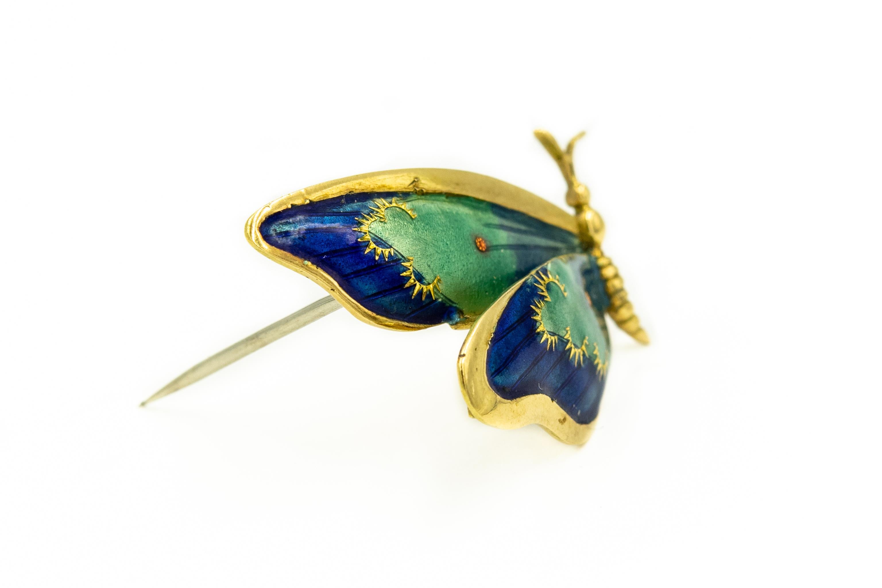 Italian Blue Orange Green Enamel Butterfly Gold Brooches Pins Pair In Good Condition In Miami Beach, FL