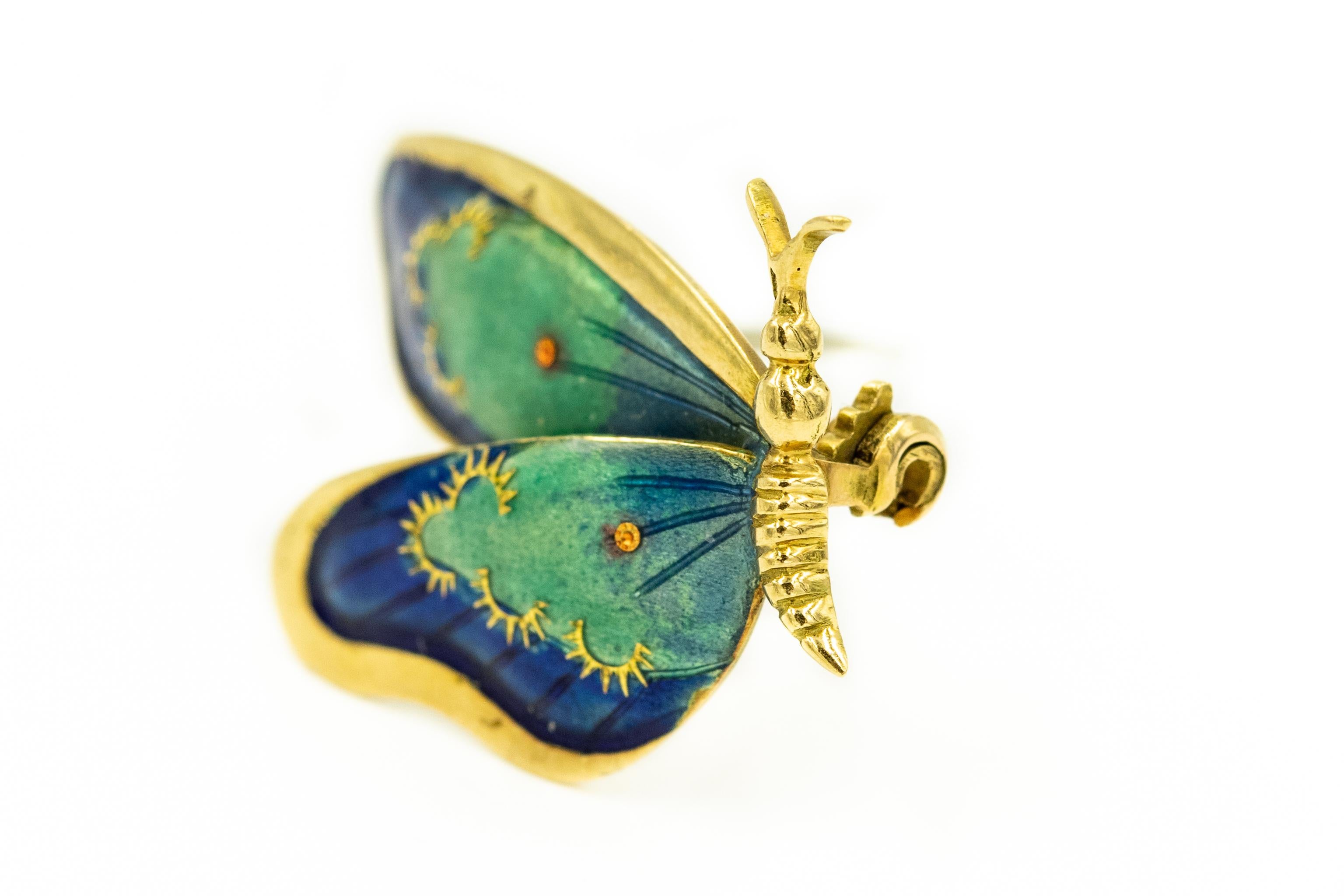 Women's or Men's Italian Blue Orange Green Enamel Butterfly Gold Brooches Pins Pair