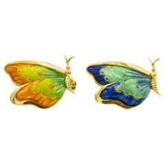 Retro Italian Blue Orange Green Enamel Butterfly Gold Brooches Pins Pair