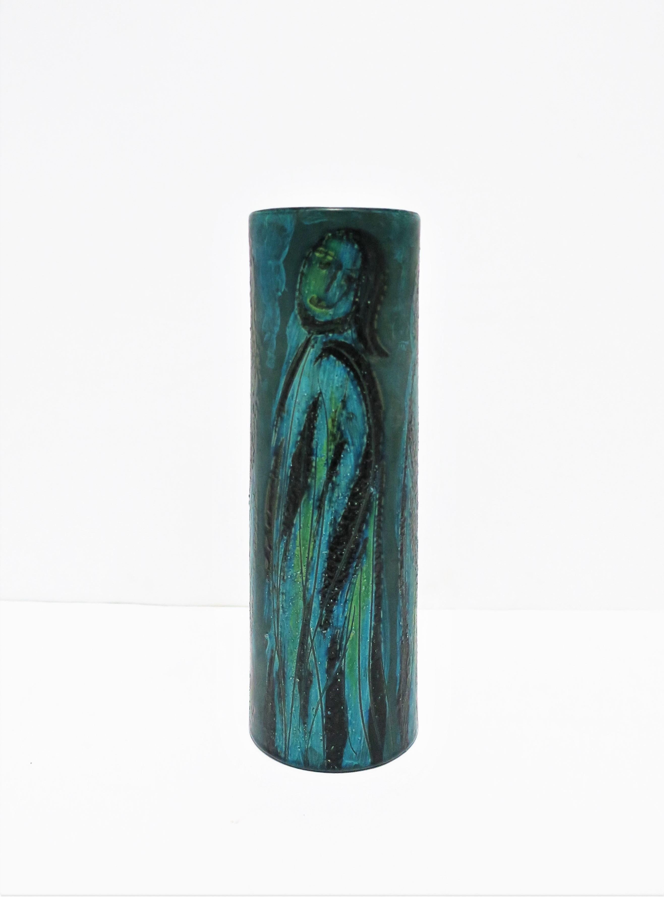 Hand-Painted Italian Blue Pottery Vase with Figurative Design Bitossi, circa 20th Century For Sale
