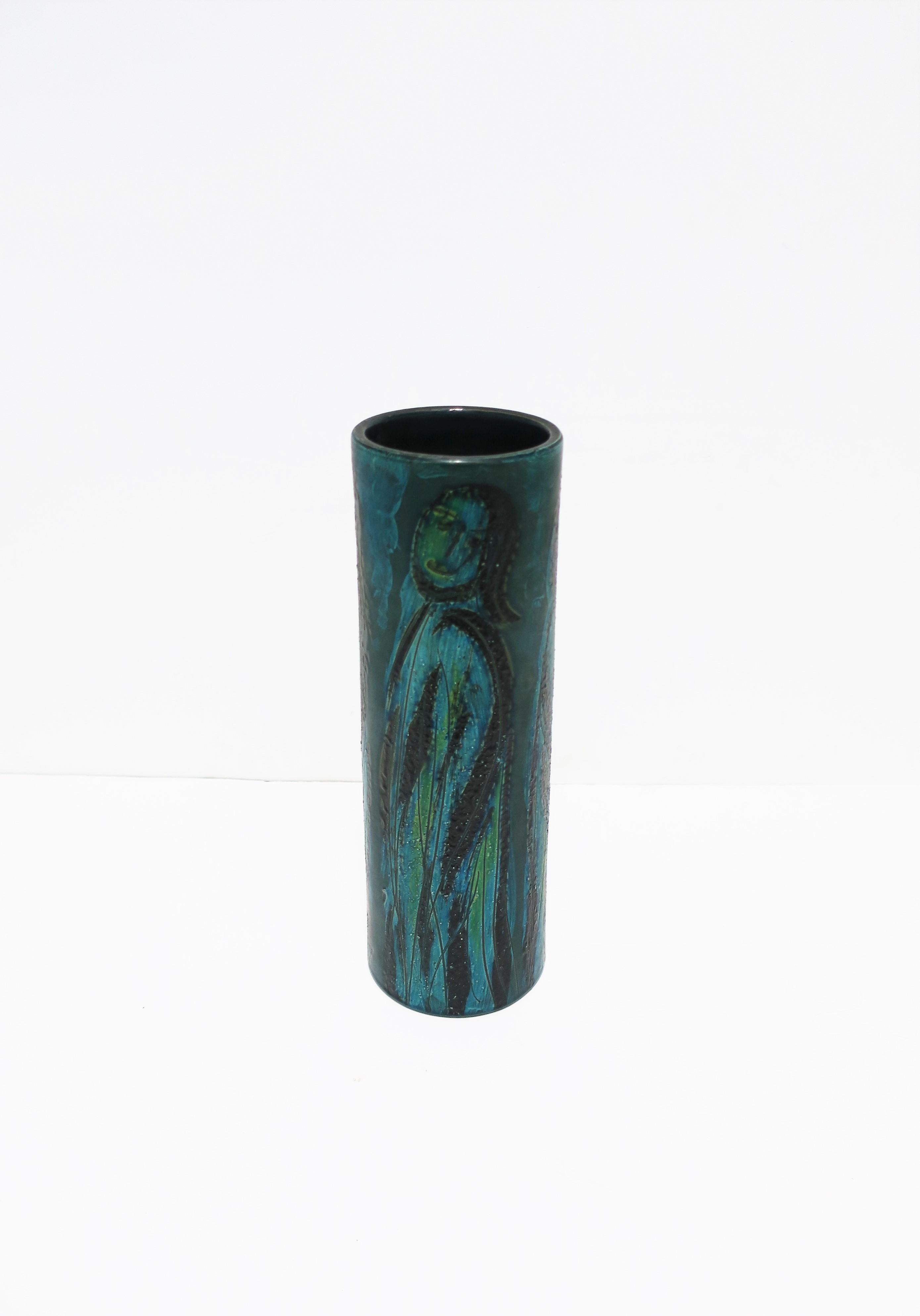 Italian Blue Pottery Vase with Figurative Design Bitossi, circa 20th Century In Good Condition For Sale In New York, NY