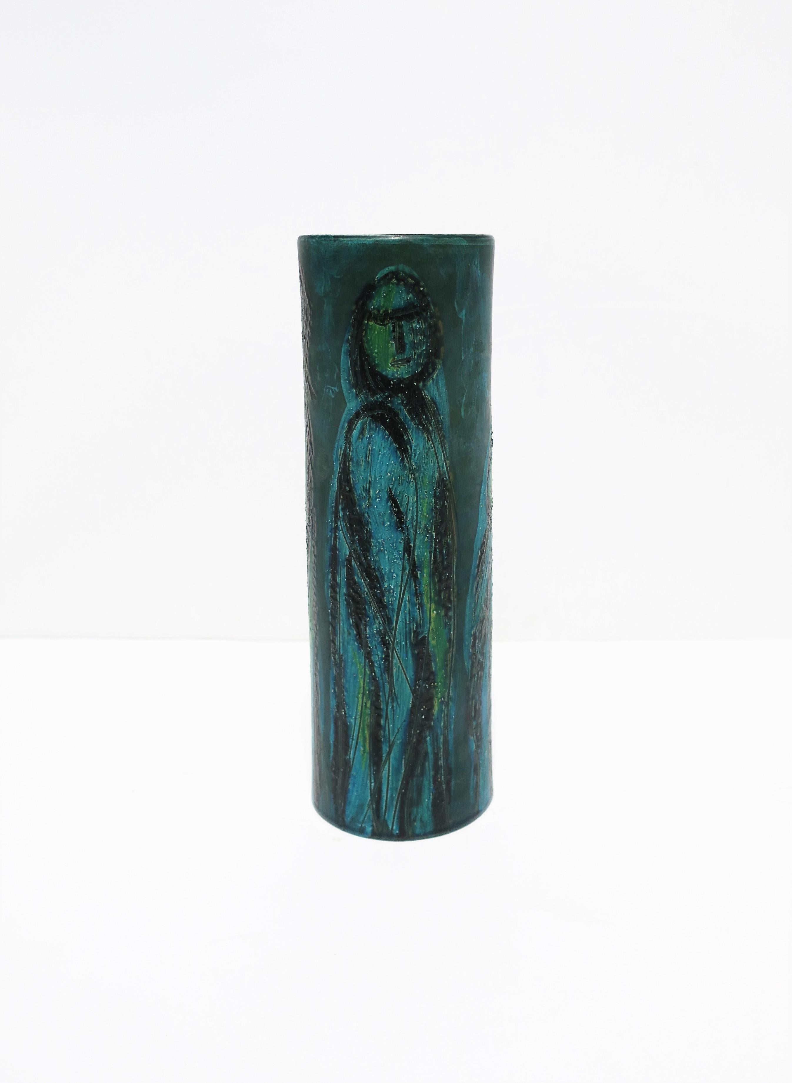 Terracotta Italian Blue Pottery Vase with Figurative Design Bitossi, circa 20th Century For Sale