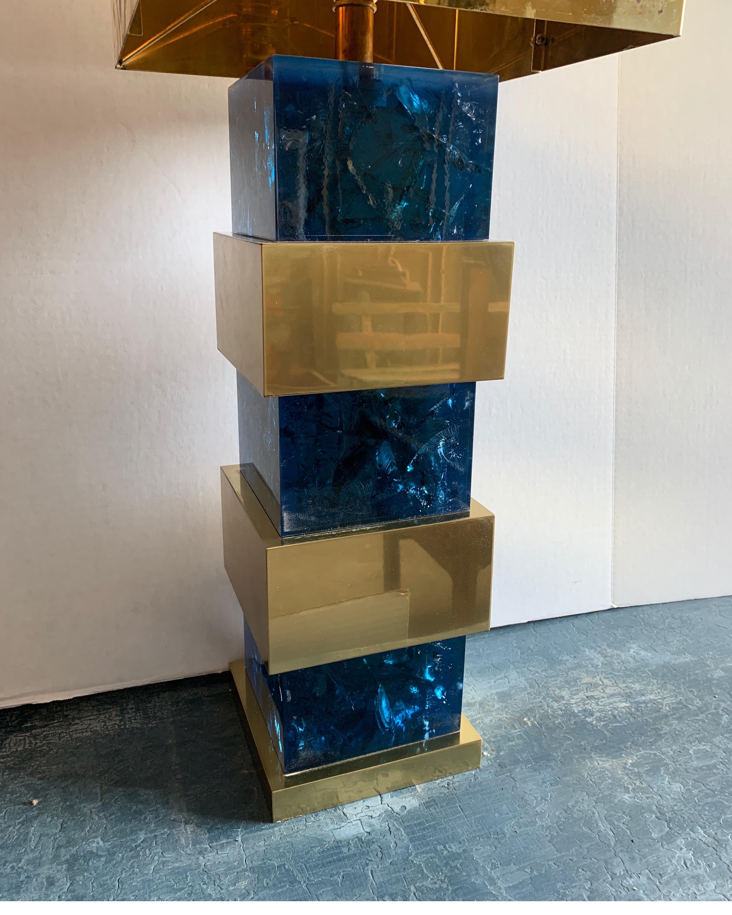 Italian Blue Resin and Brass Tower Lamp with Brass Shade 3