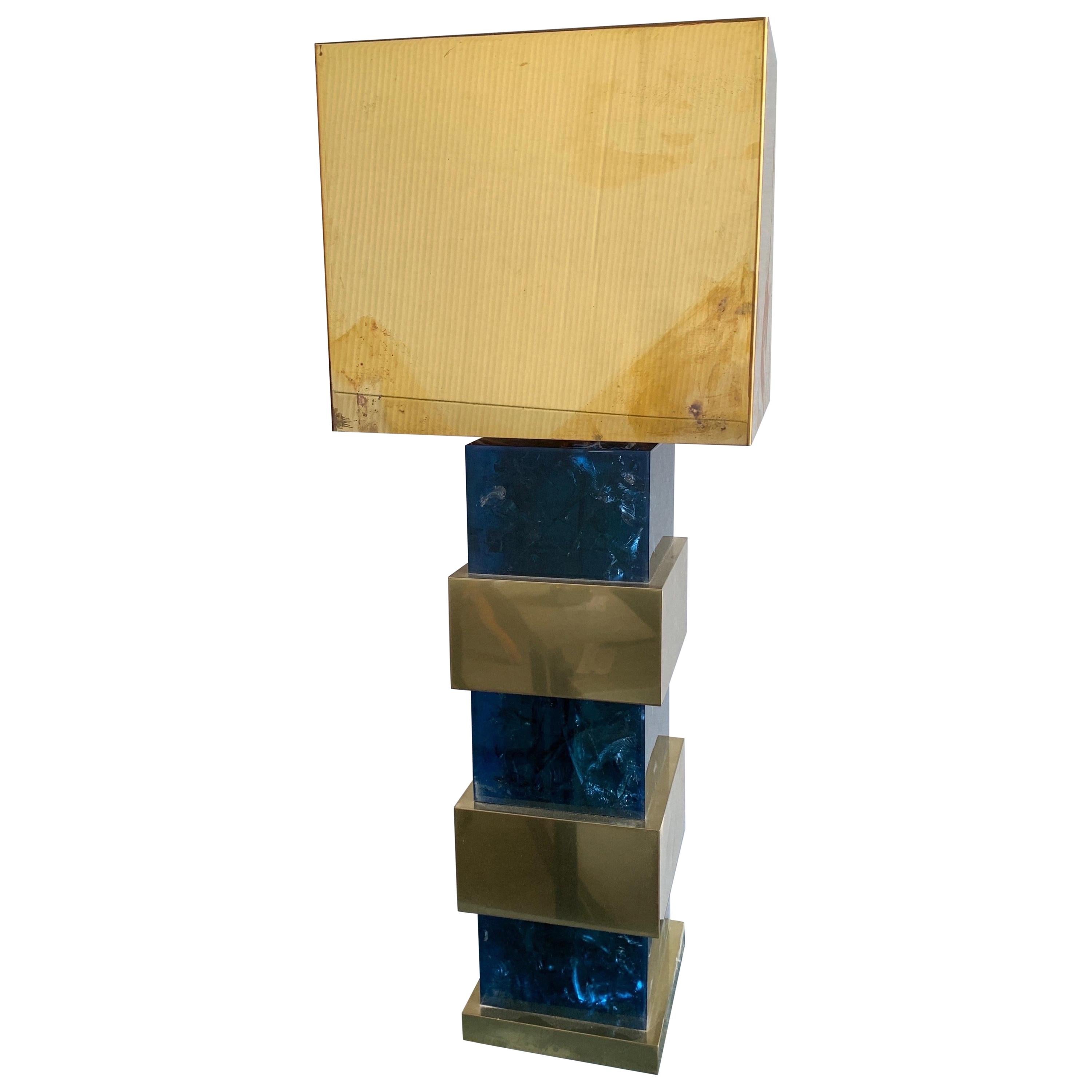 Italian Blue Resin and Brass Tower Lamp with Brass Shade