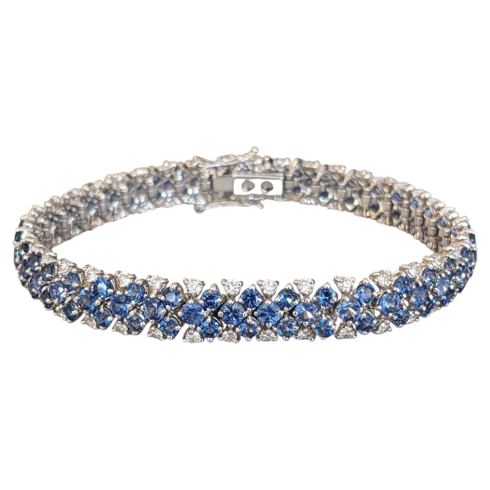 Italian Blue Sapphire & Diamond Cluster Bracelet in 18k White Gold