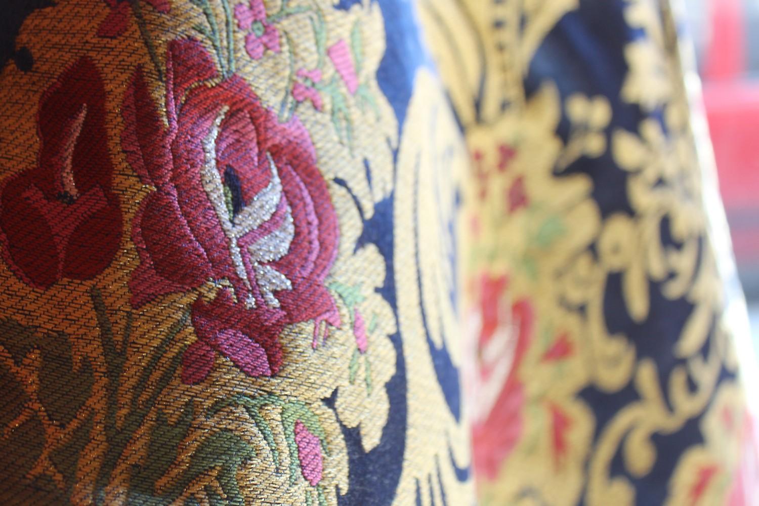 Cotton Italian Blue Silk Blend Brocade Fabric with Red Roses and Gold Floral Patterns For Sale