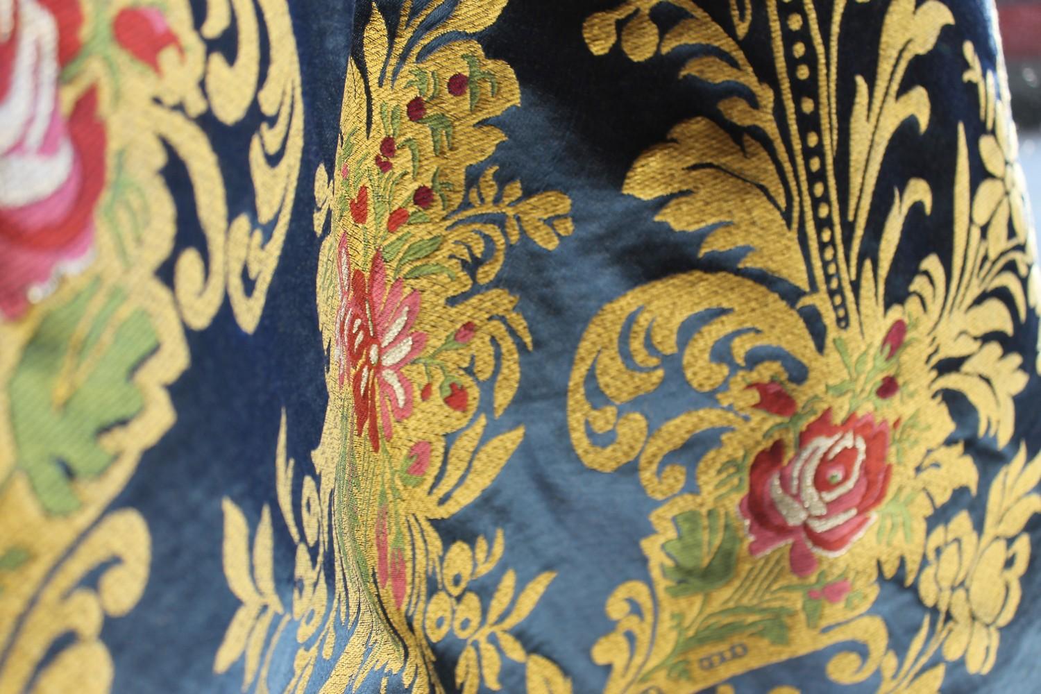 Italian Blue Silk Blend Brocade Fabric with Red Roses and Gold Floral Patterns For Sale 1