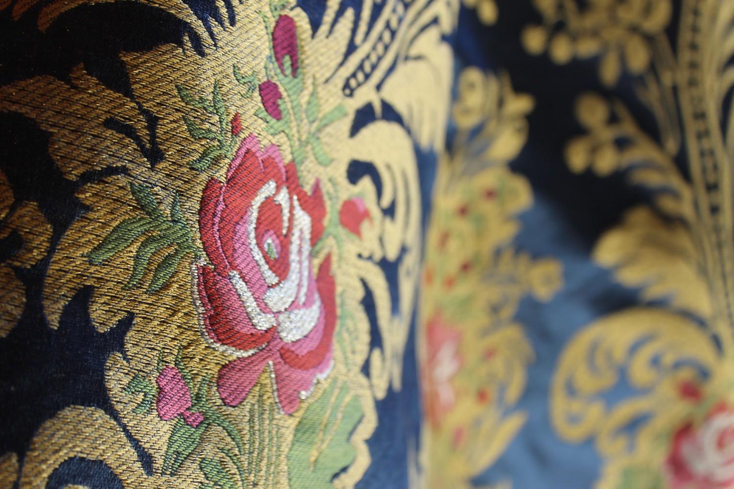 Italian Blue Silk Blend Brocade Fabric with Red Roses and Gold Floral Patterns For Sale 2