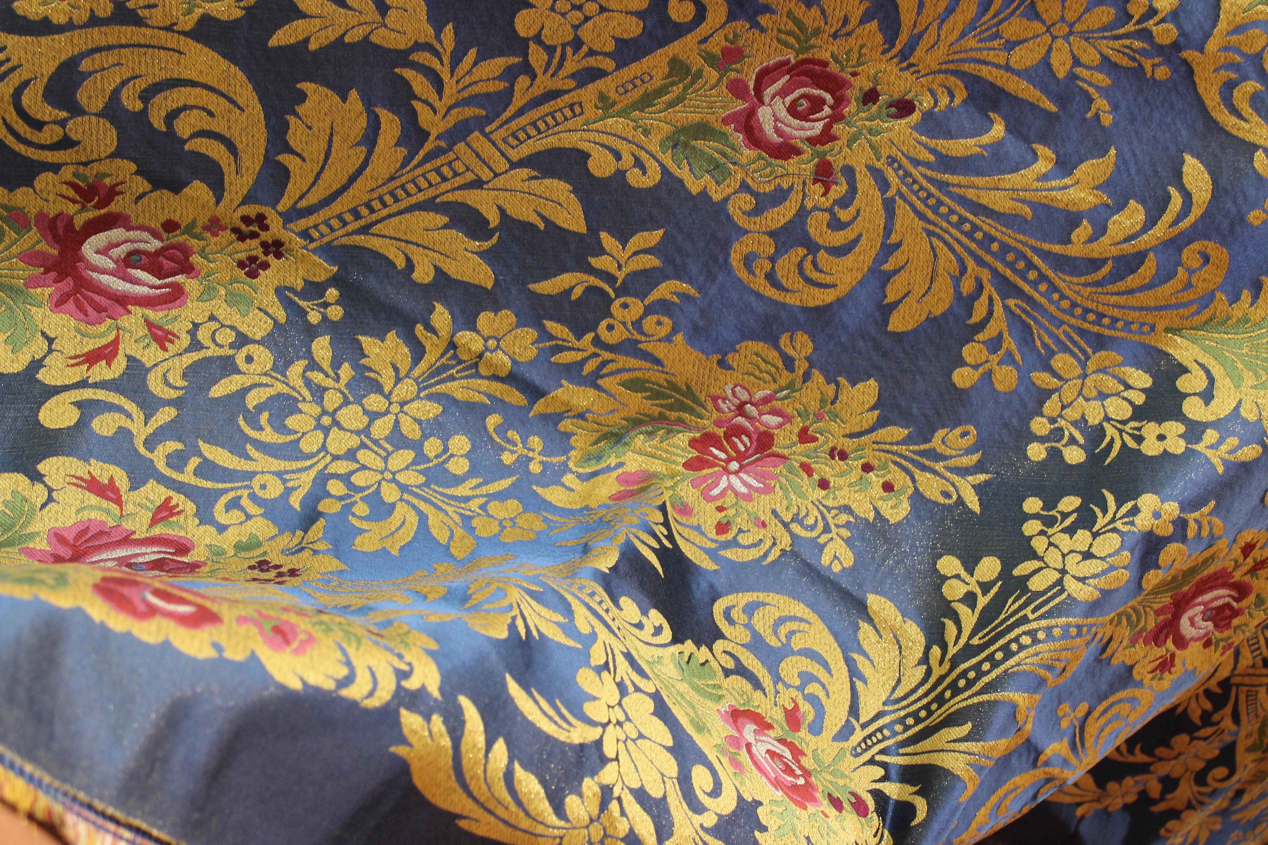 Rococo Italian Blue Silk Blend Brocade Fabric with Red Roses and Gold Floral Patterns For Sale