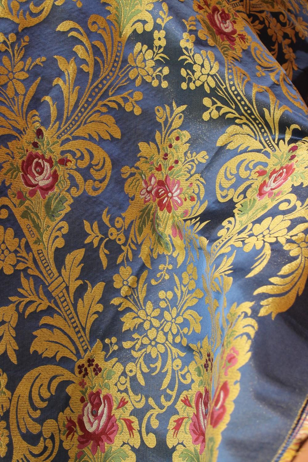 Woven Italian Blue Silk Blend Brocade Fabric with Red Roses and Gold Floral Patterns For Sale