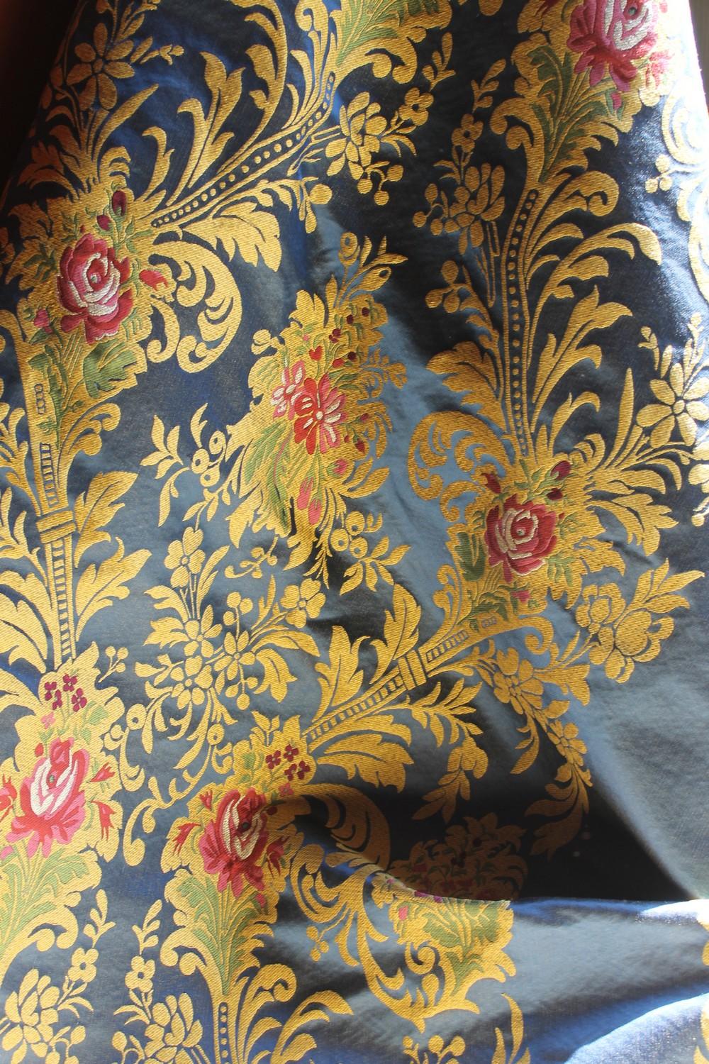 Contemporary Italian Blue Silk Blend Brocade Fabric with Red Roses and Gold Floral Patterns For Sale