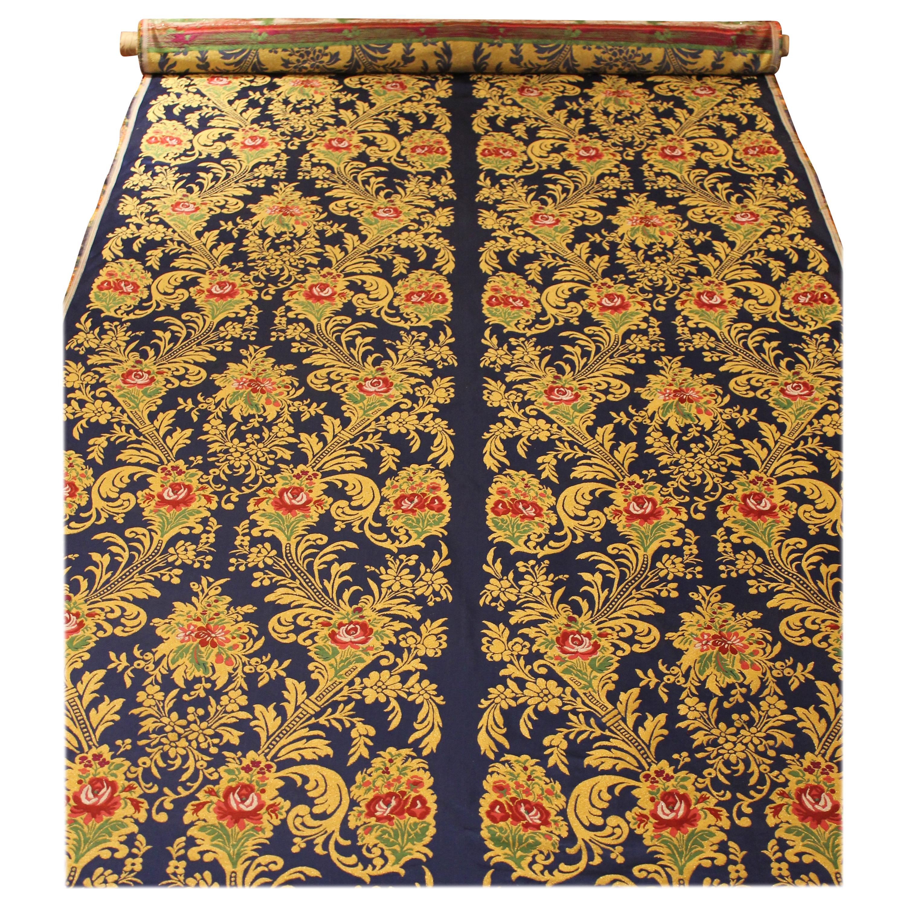 Italian Blue Silk Blend Brocade Fabric with Red Roses and Gold Floral Patterns