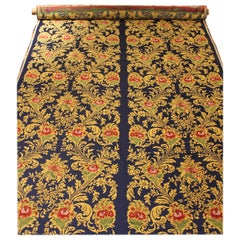 Used Italian Blue Silk Blend Brocade Fabric with Red Roses and Gold Floral Patterns