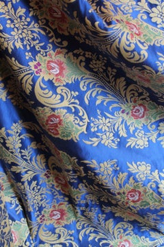Italian Blue Silk Blend Brocade Fabric with Red Roses and Gold Floral Patterns