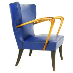 Italian Blue Skai and Wood 1950s Armchair