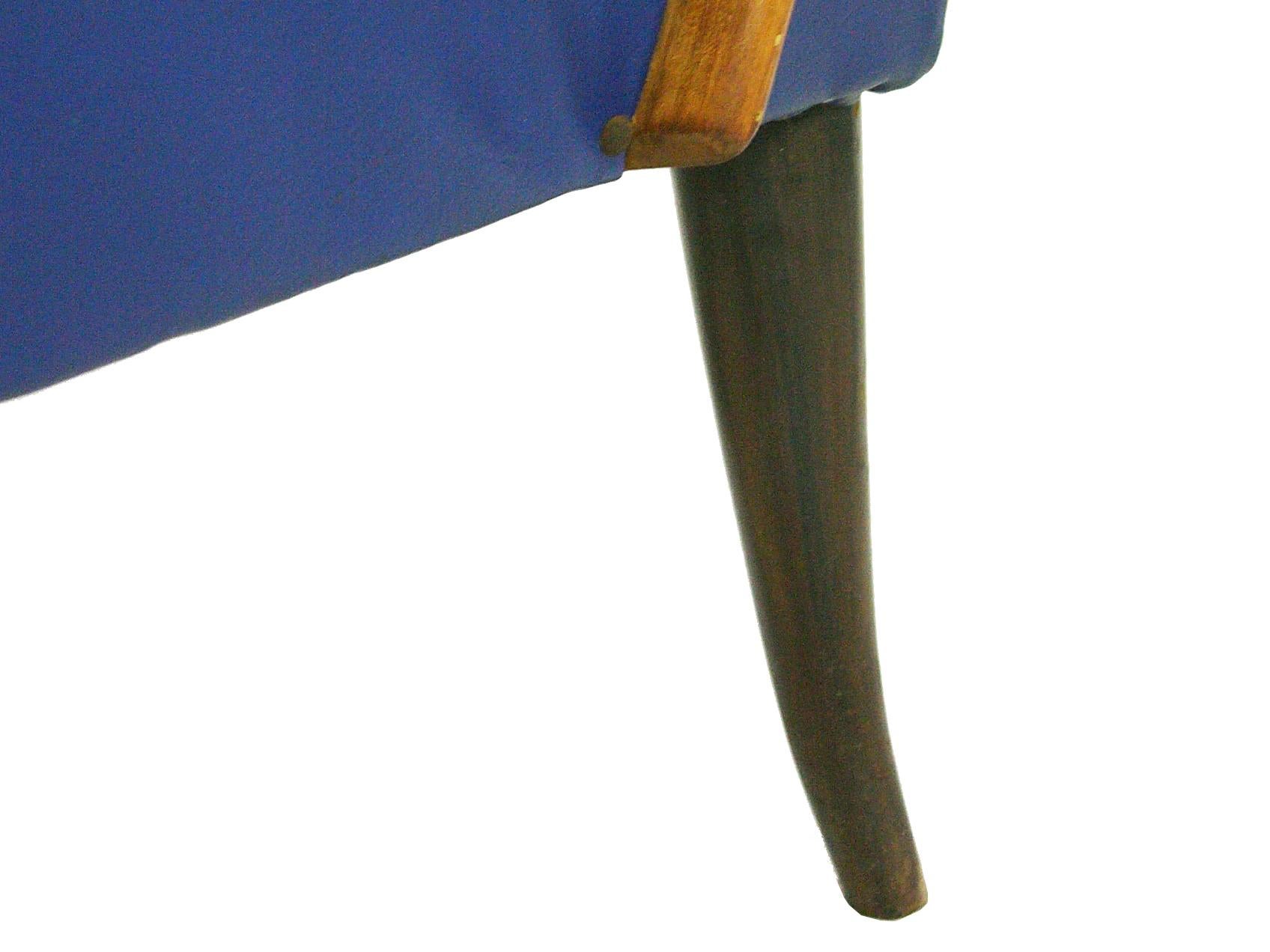 Mid-20th Century Italian Blue Skai and Wood 1950s Armchair For Sale