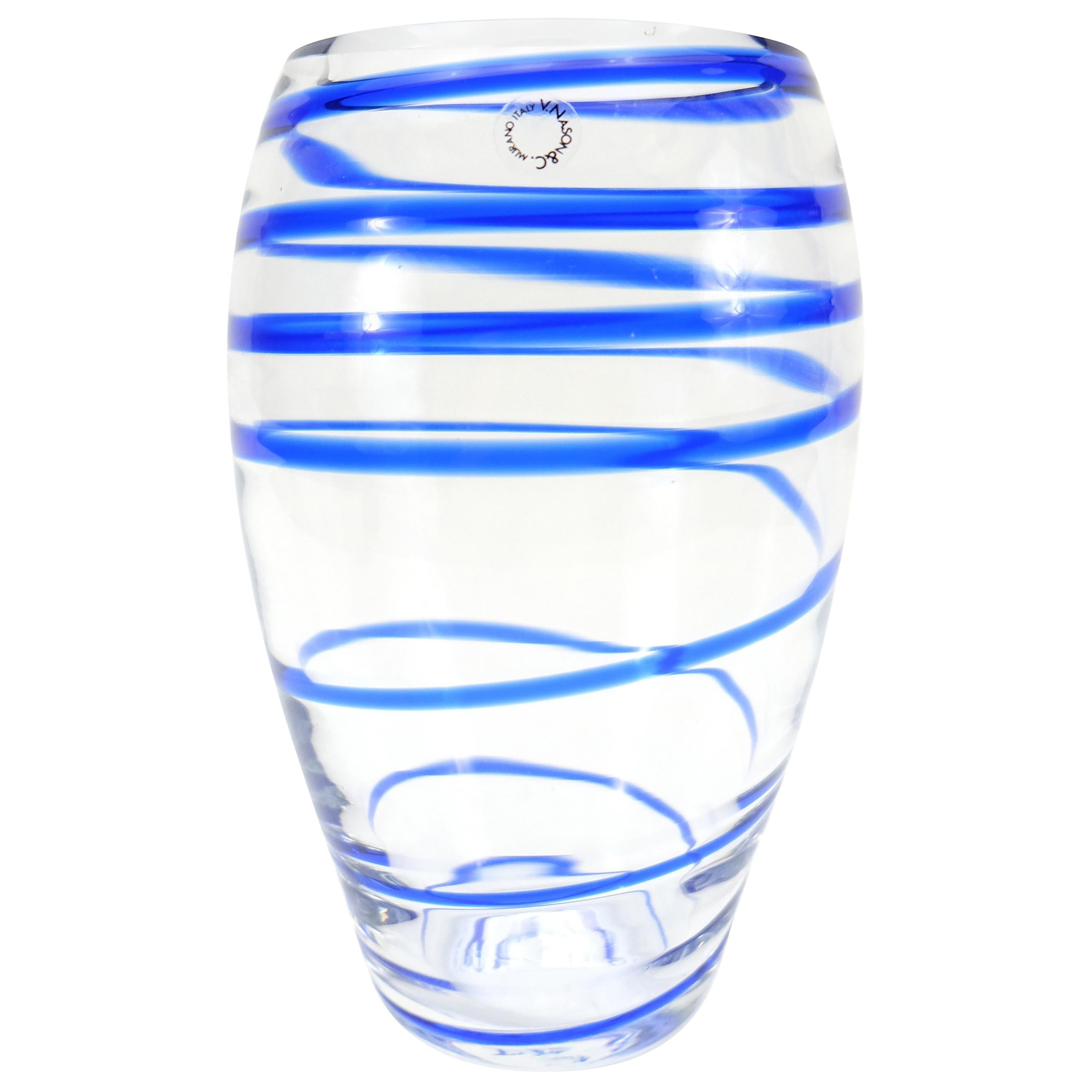 V. Nason & C. Italian Murano Glass Vase with Blue Spiral Stripe