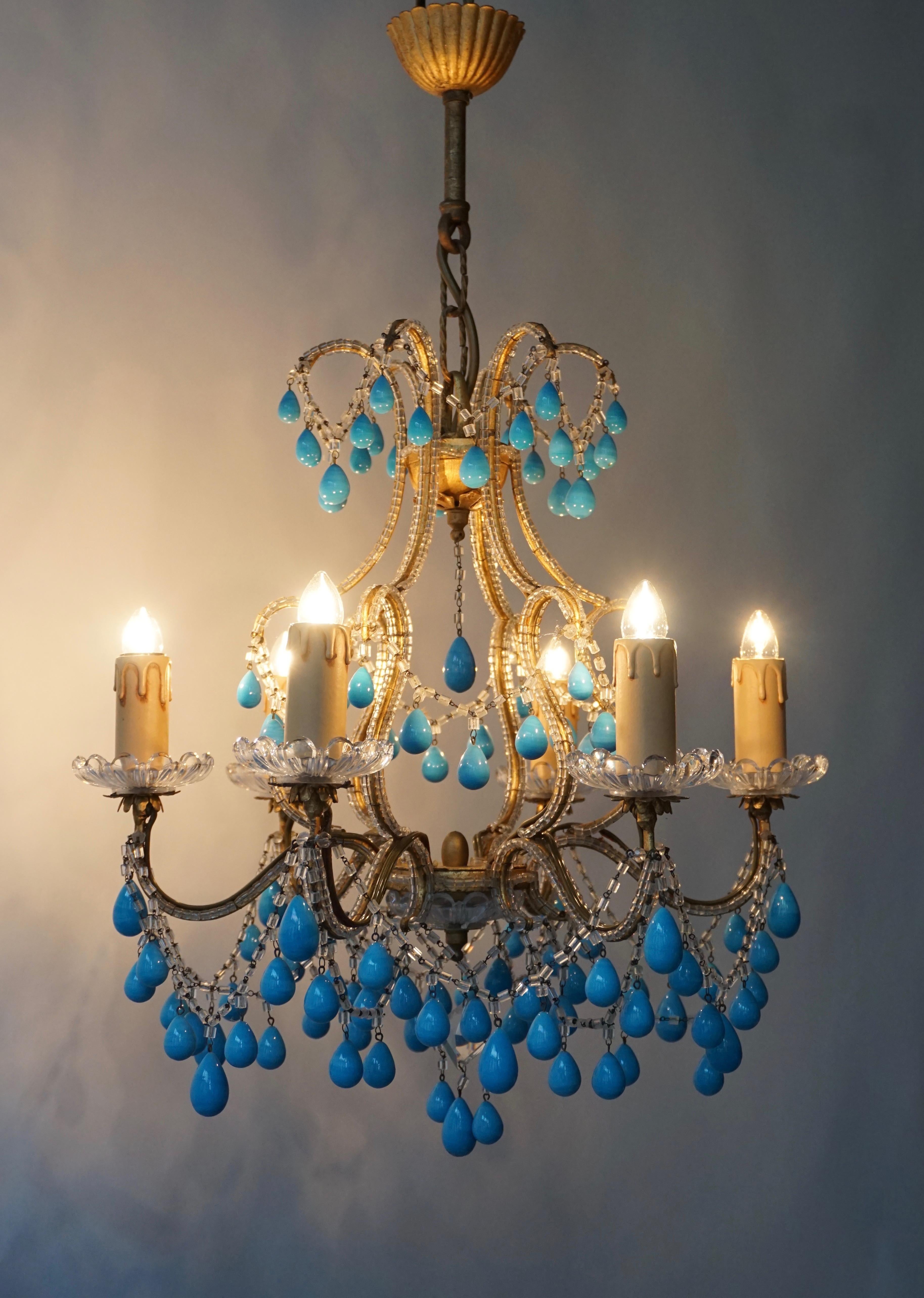 20th Century Italian Blue Stone Drops Chandelier For Sale