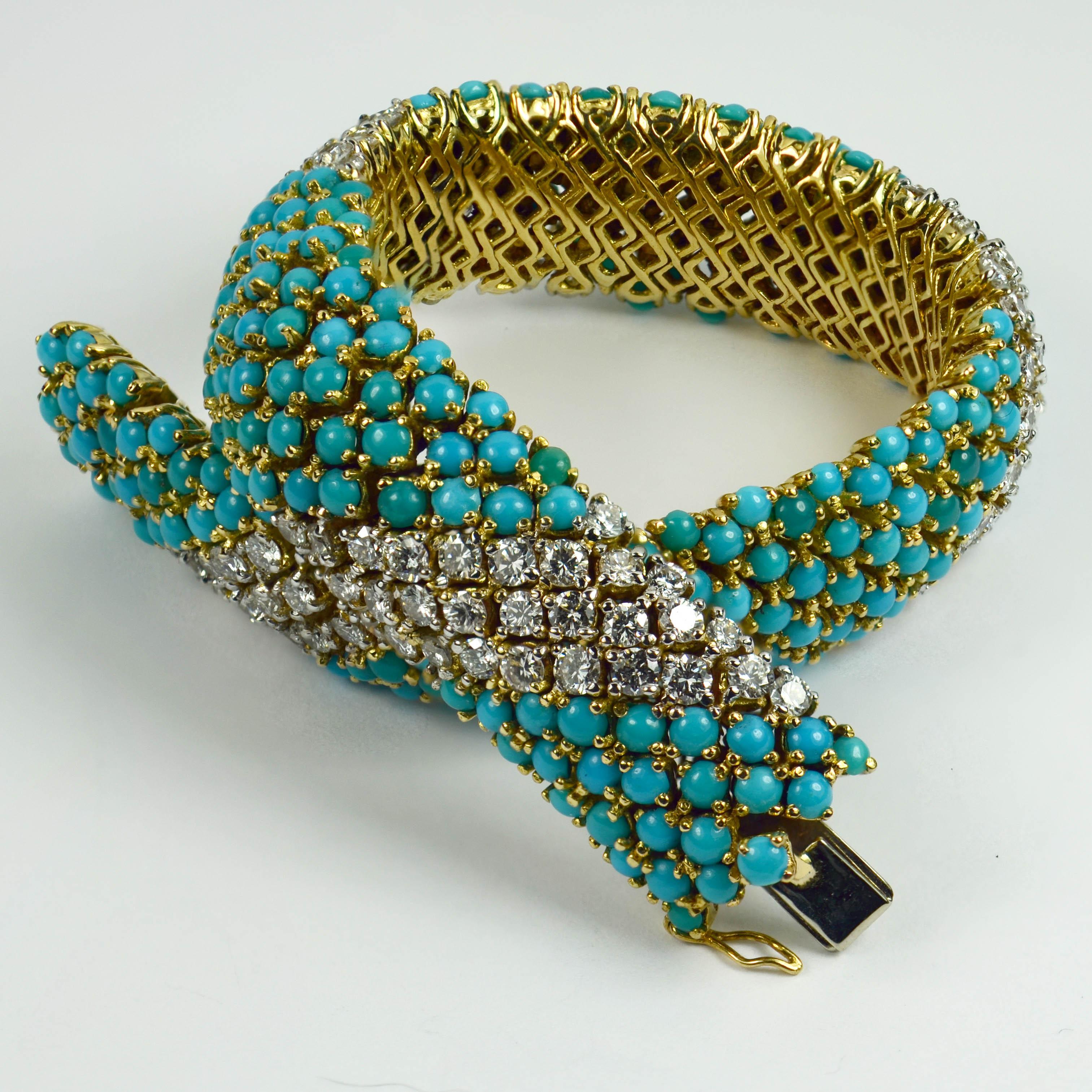 A flexible Italian 18 karat yellow and white gold bracelet set with cabochons of blue turquoise and round brilliant-cut white diamonds in the Pelouse style made famous by Van Cleef et Arpels (VCA) in the 1960s.  

Set with a safety catch for added