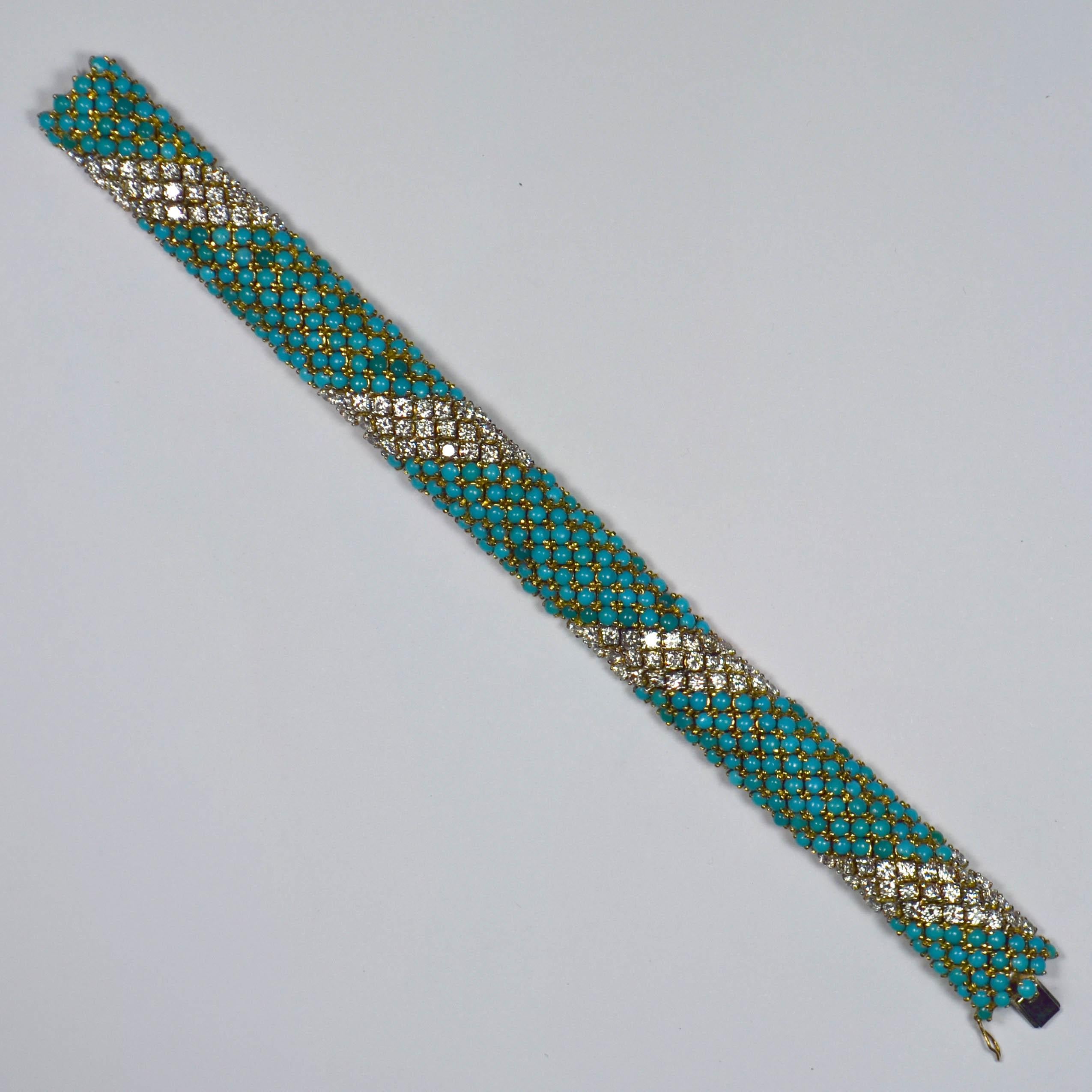 Italian Blue Turquoise White Diamond Yellow Gold Pelouse Bracelet In Good Condition For Sale In London, GB