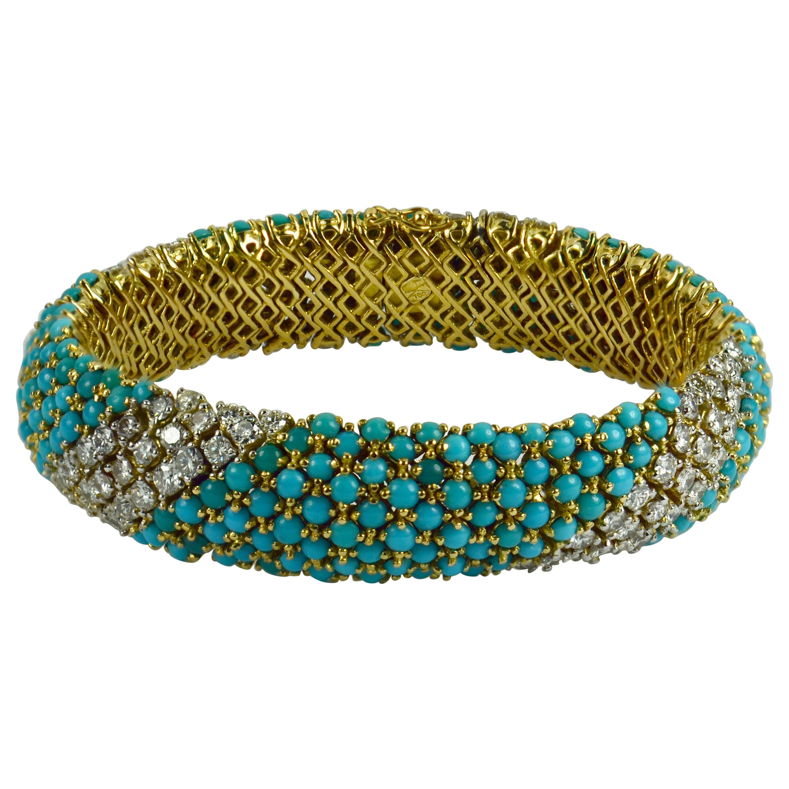 Italian Blue Turquoise White Diamond Yellow Gold Pelouse Bracelet