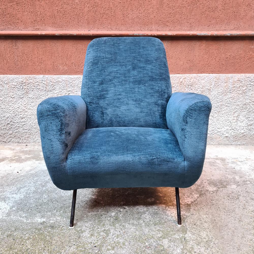 Mid-Century Modern Italian Blue Velvet and Metal, Complete Renewed Armchair, 1950s