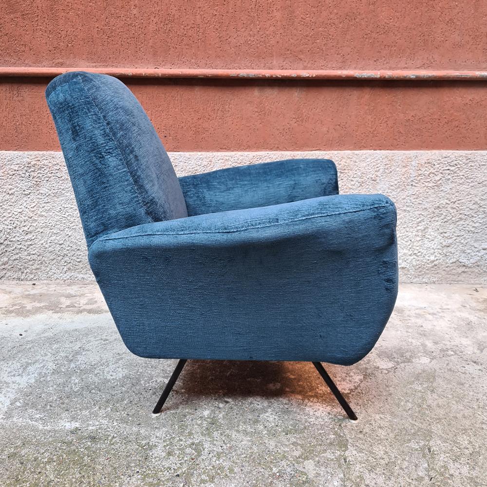 Italian Blue Velvet and Metal, Complete Renewed Armchair, 1950s In Good Condition In MIlano, IT