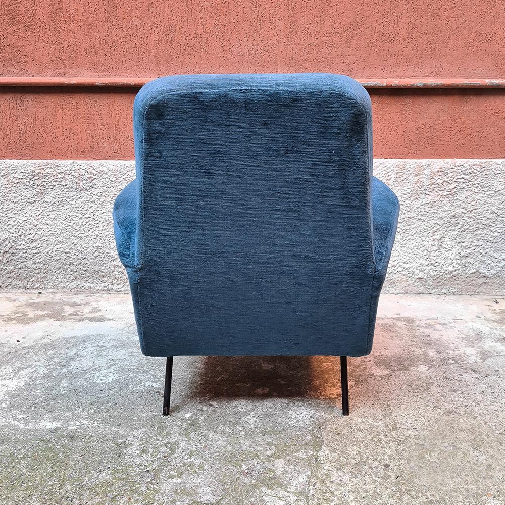 Mid-20th Century Italian Blue Velvet and Metal, Complete Renewed Armchair, 1950s