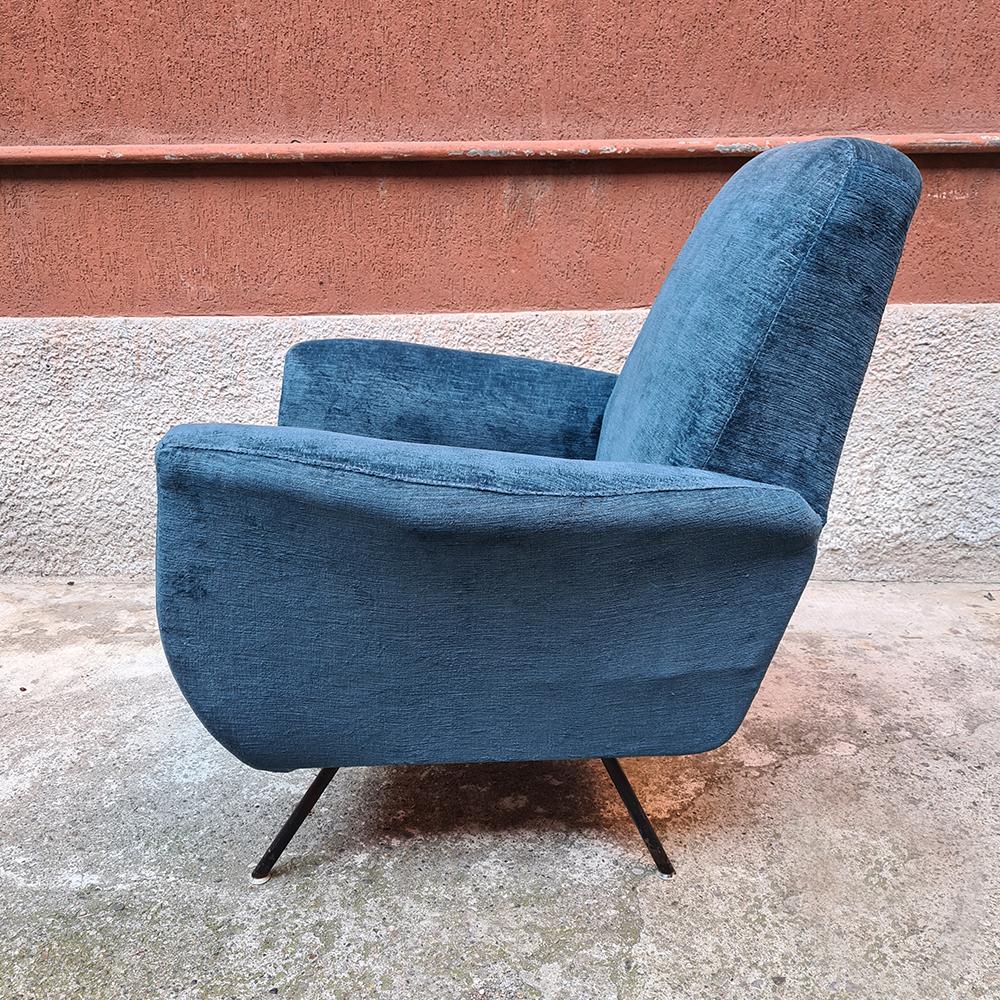 Italian Blue Velvet and Metal, Complete Renewed Armchair, 1950s 1