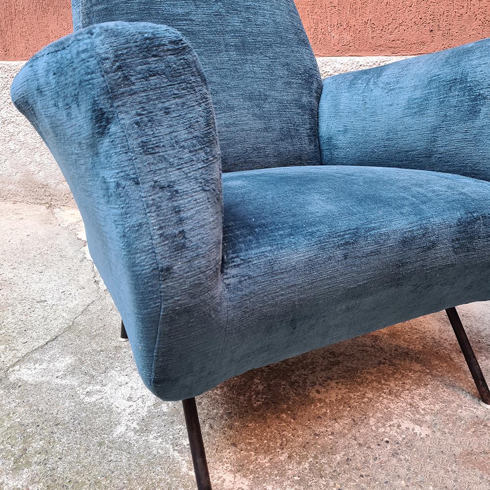 Italian Blue Velvet and Metal, Complete Renewed Armchair, 1950s 3