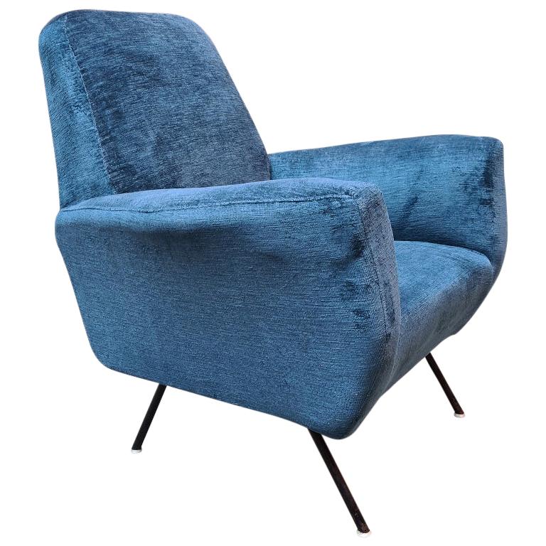 Italian Blue Velvet and Metal, Complete Renewed Armchair, 1950s