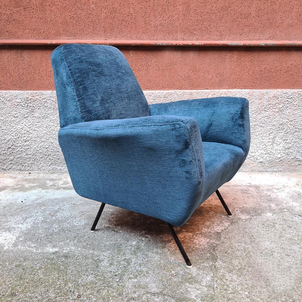 Italian Blue Velvet and Metal, Complete Renewed Armchairs, 1950s 5