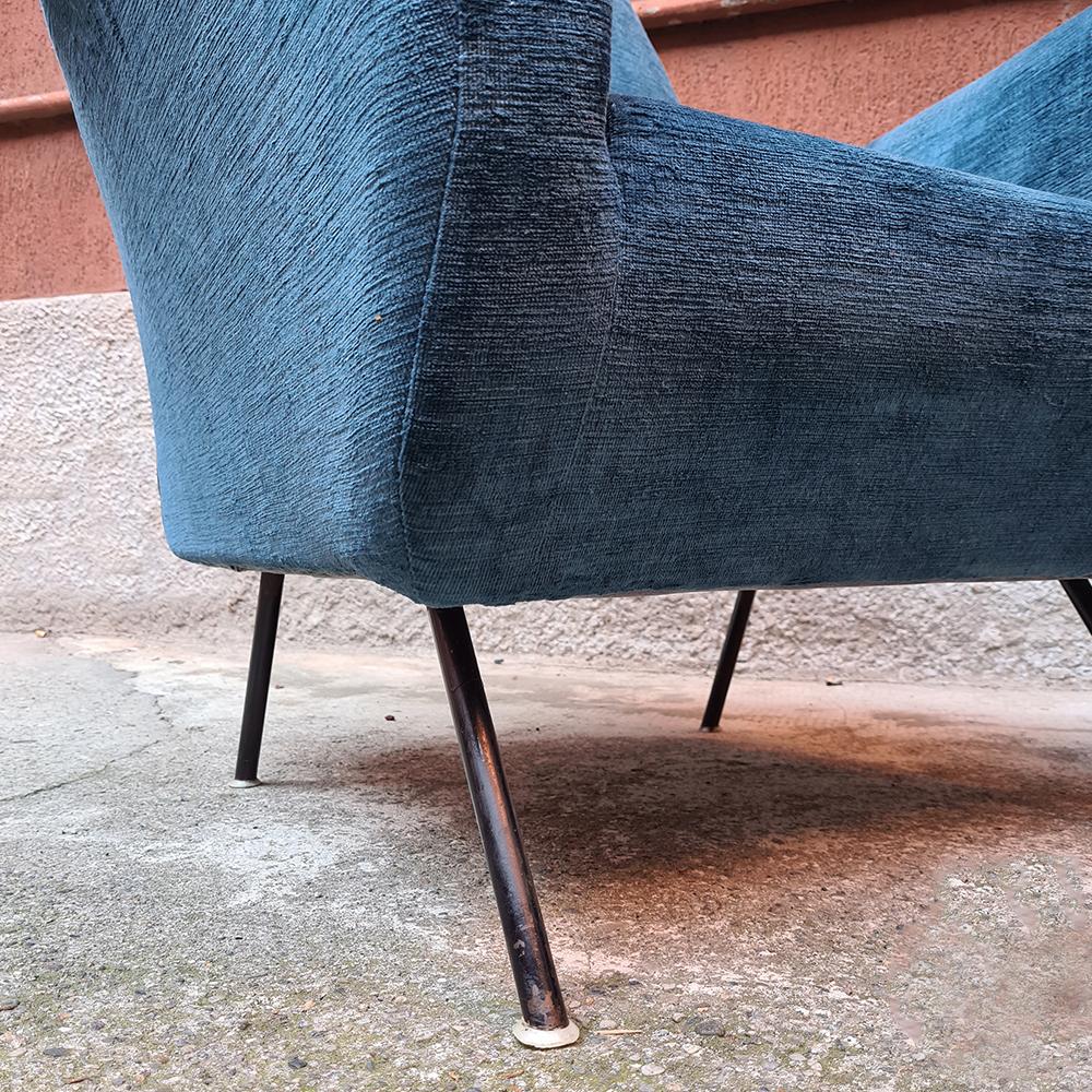 Italian Blue Velvet and Metal, Complete Renewed Armchairs, 1950s 9