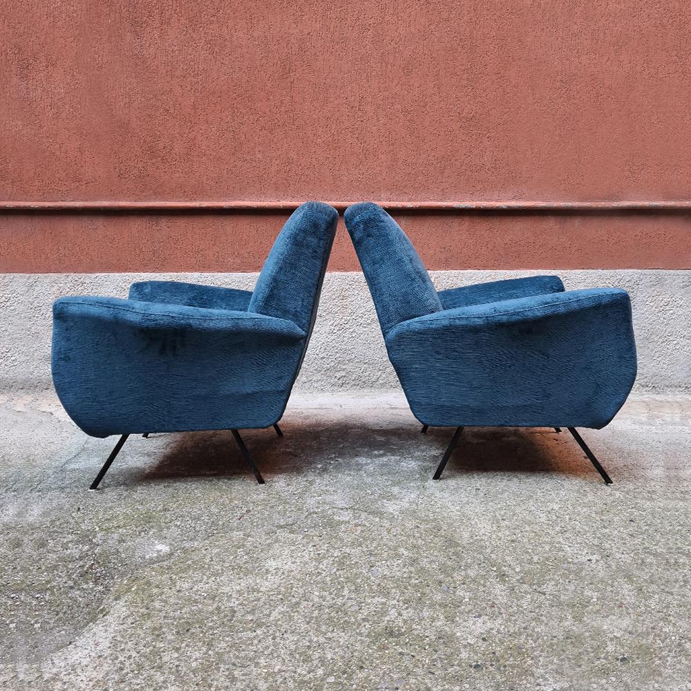 Italian Blue Velvet and Metal, Complete Renewed Armchairs, 1950s In Good Condition In MIlano, IT