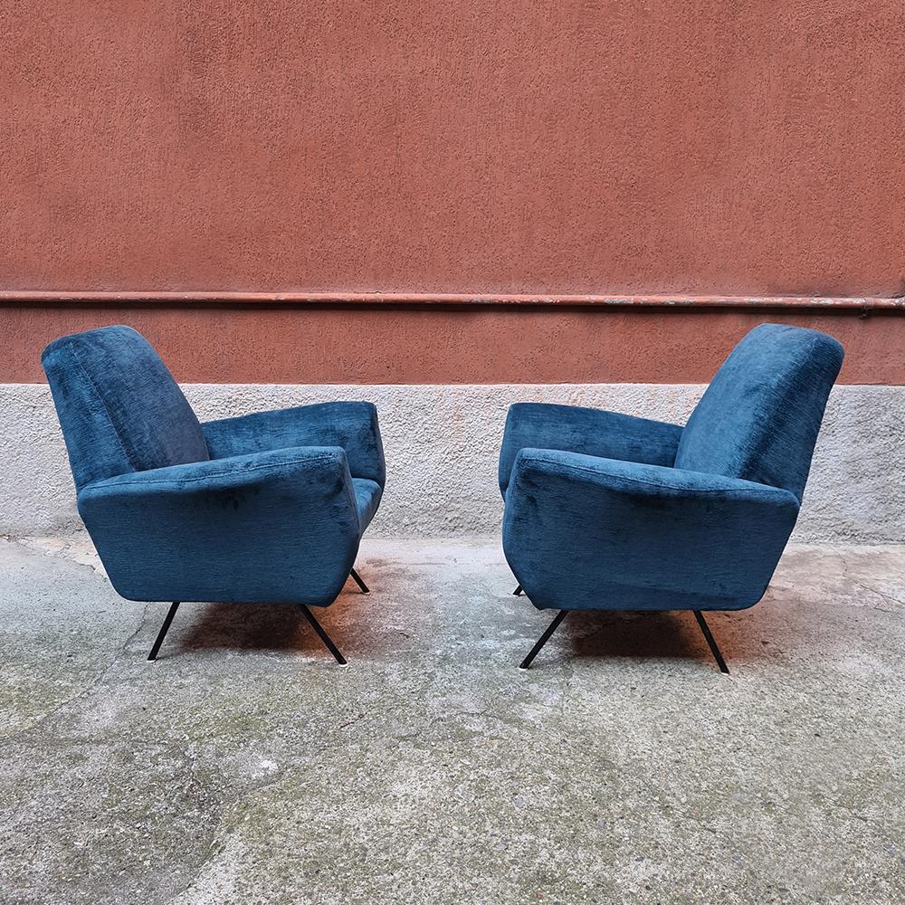 Mid-20th Century Italian Blue Velvet and Metal, Complete Renewed Armchairs, 1950s