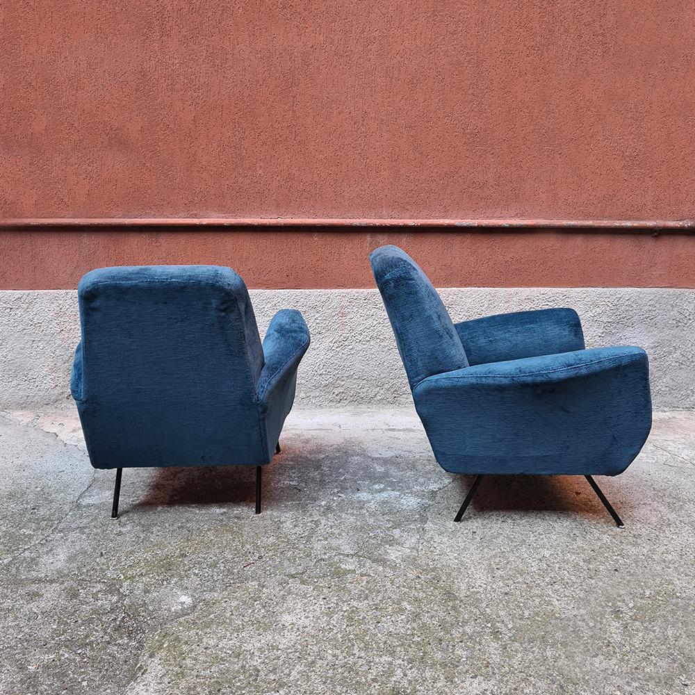 Italian Blue Velvet and Metal, Complete Renewed Armchairs, 1950s 2