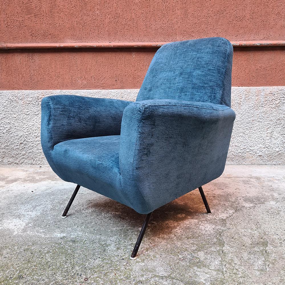 Italian Blue Velvet and Metal, Complete Renewed Armchairs, 1950s 3