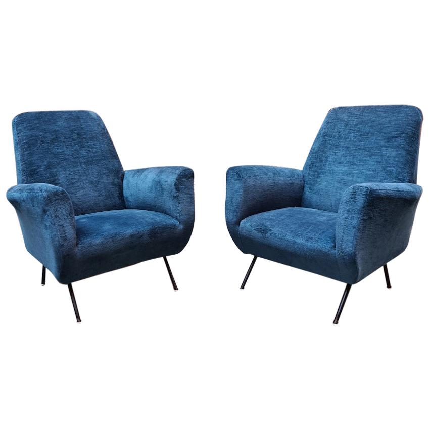 Italian Blue Velvet and Metal, Complete Renewed Armchairs, 1950s