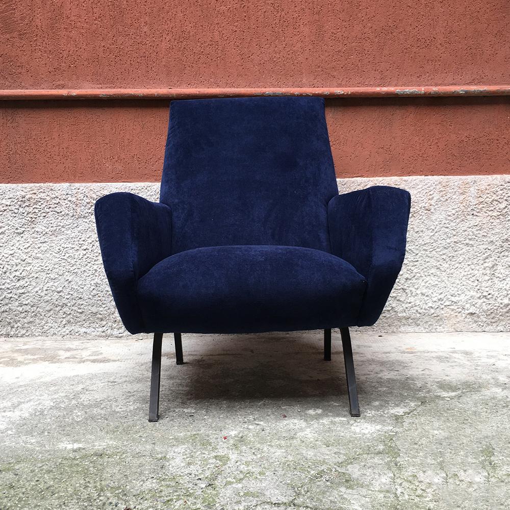 Italian Blue Velvet and Metal Leg Armchairs, by Busnelli Meda, 1950s In Good Condition In MIlano, IT