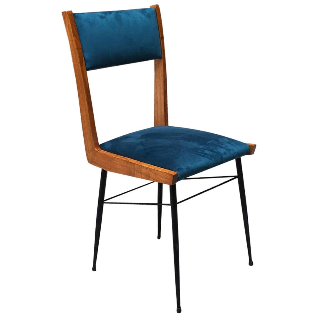 Italian Blue Velvet Chair with Wooden Frame and Metal Rod, 1960s