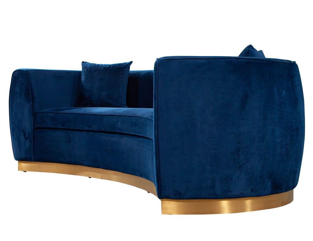 Italian Blue Velvet Curved Sofa with Brass Base 1