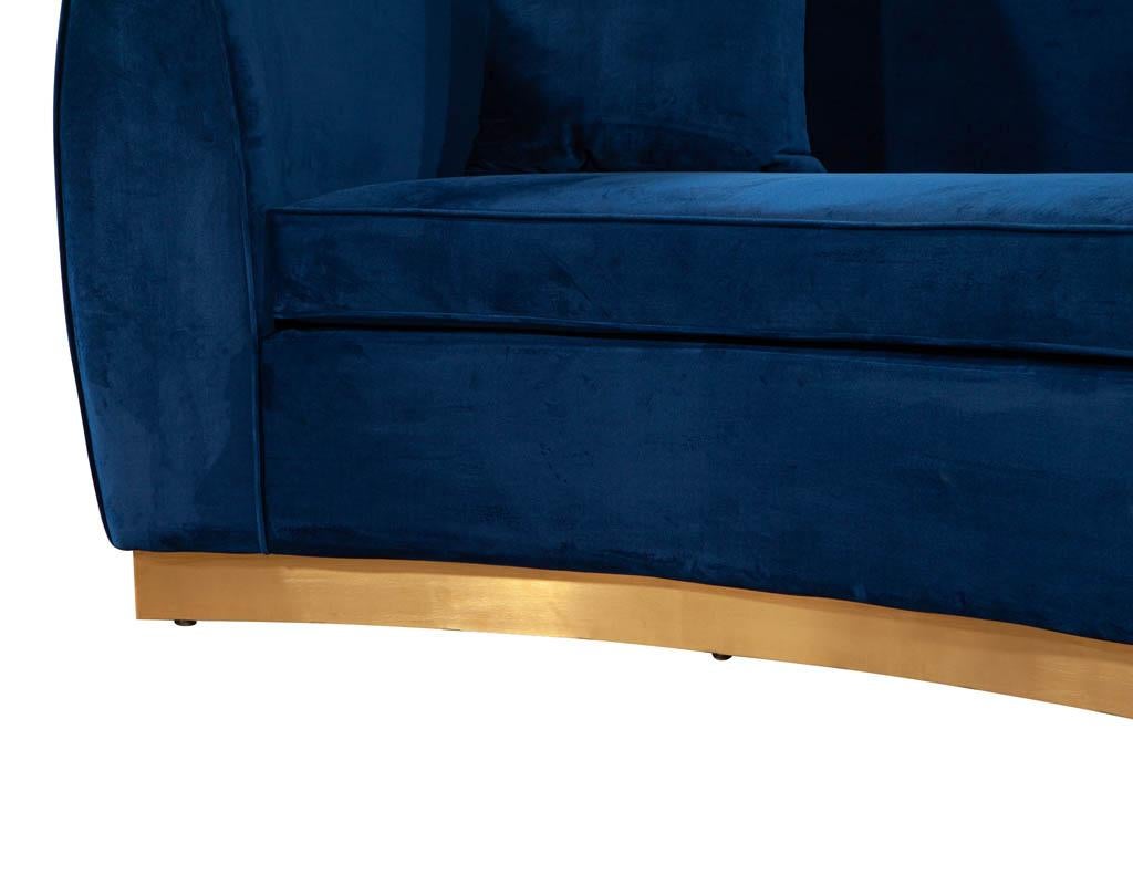 Italian Blue Velvet Curved Sofa with Brass Base 2