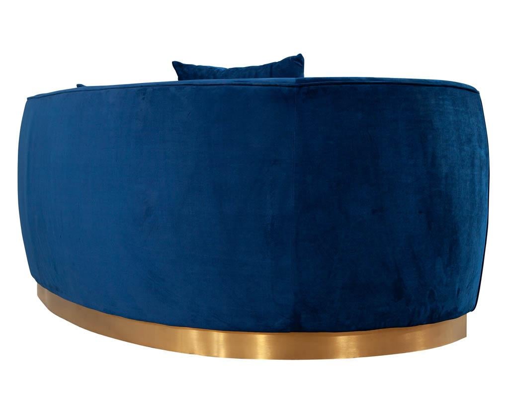 Italian Blue Velvet Curved Sofa with Brass Base 3