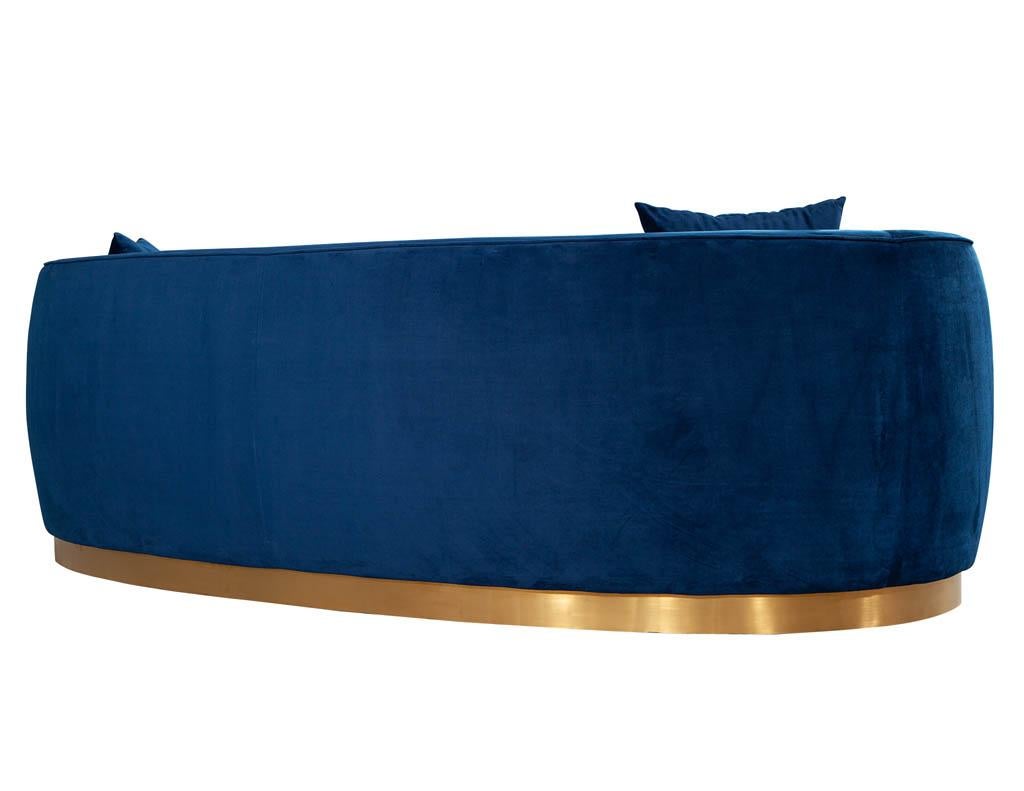 Italian Blue Velvet Curved Sofa with Brass Base 4