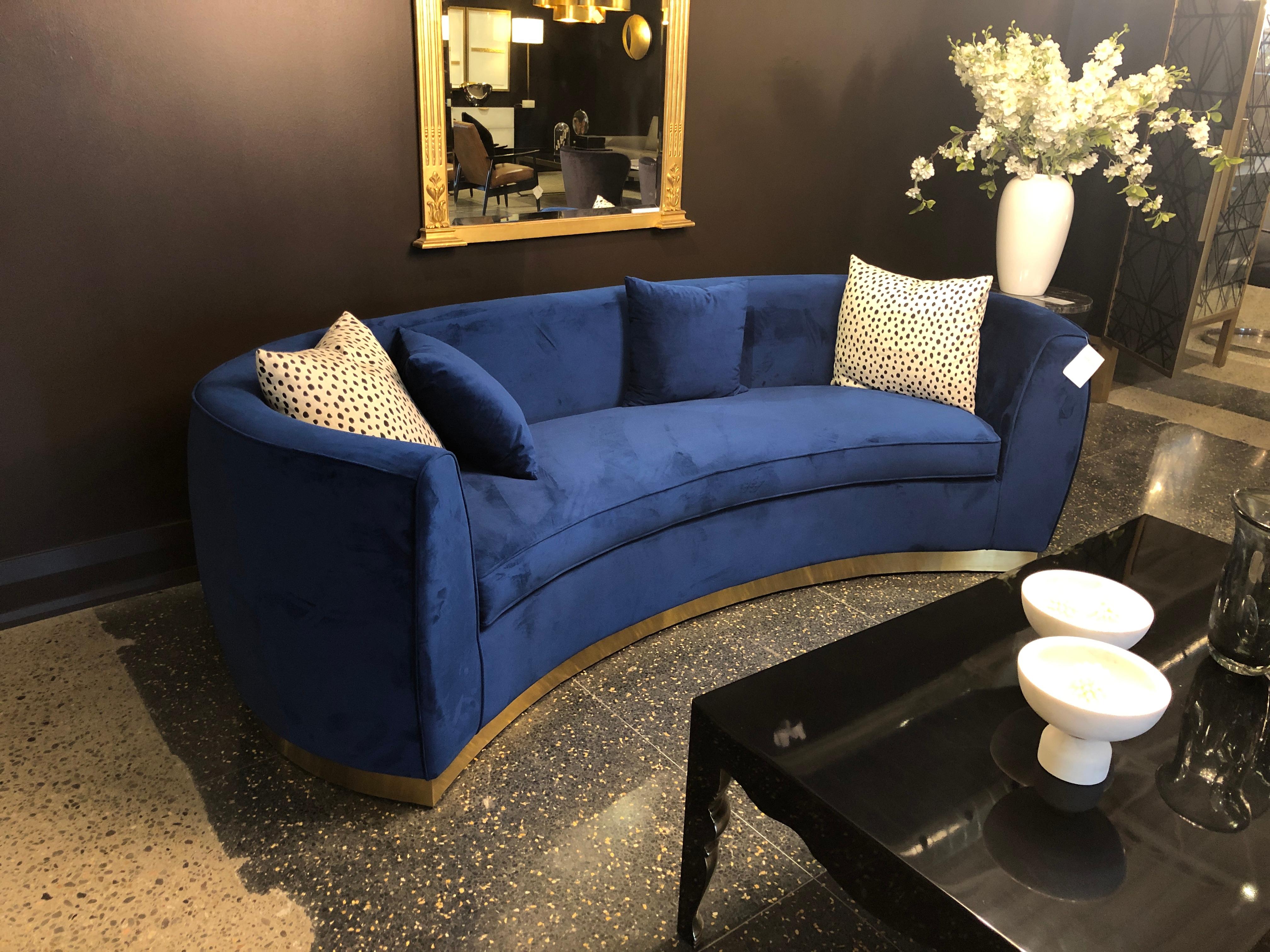 Italian Blue Velvet Curved Sofa with Brass Base 6