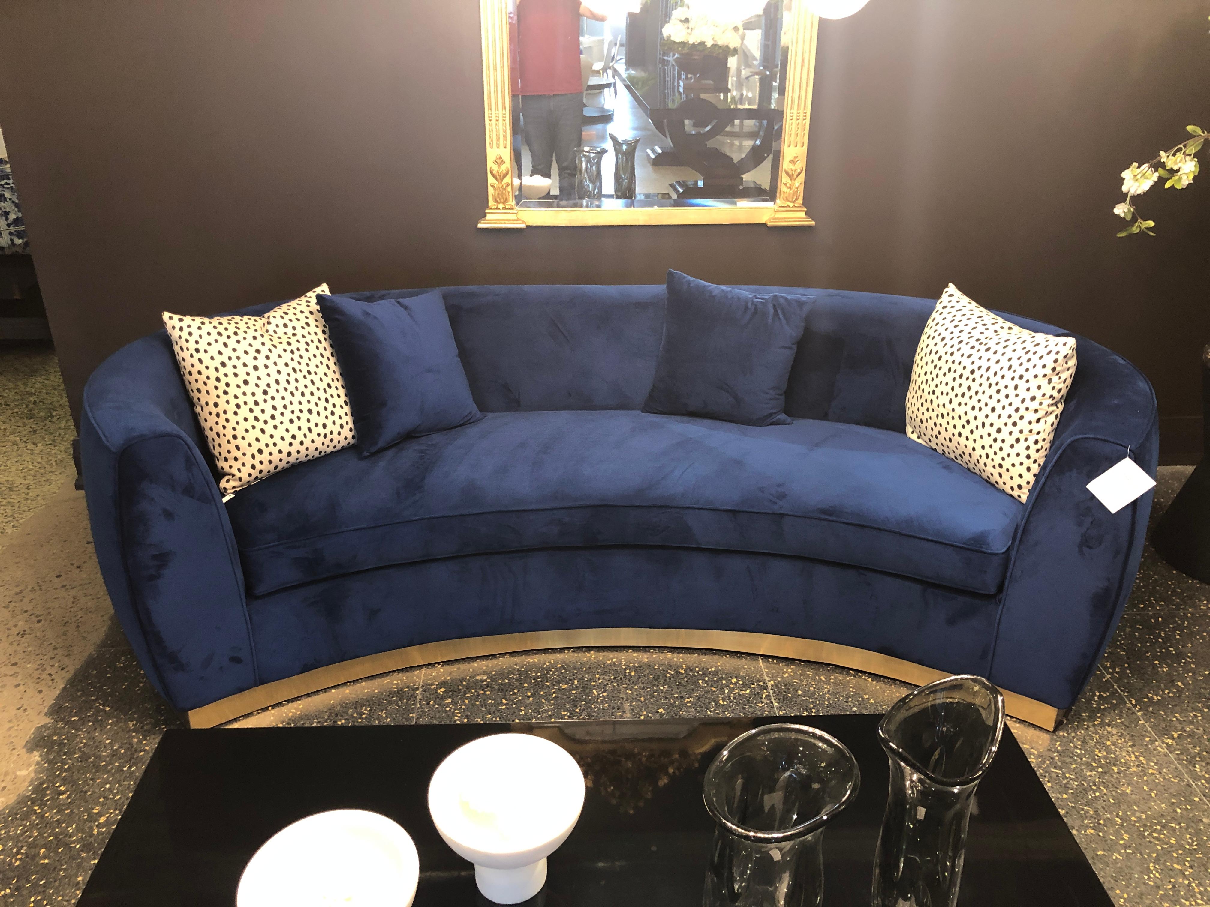 Italian Blue Velvet Curved Sofa with Brass Base 7