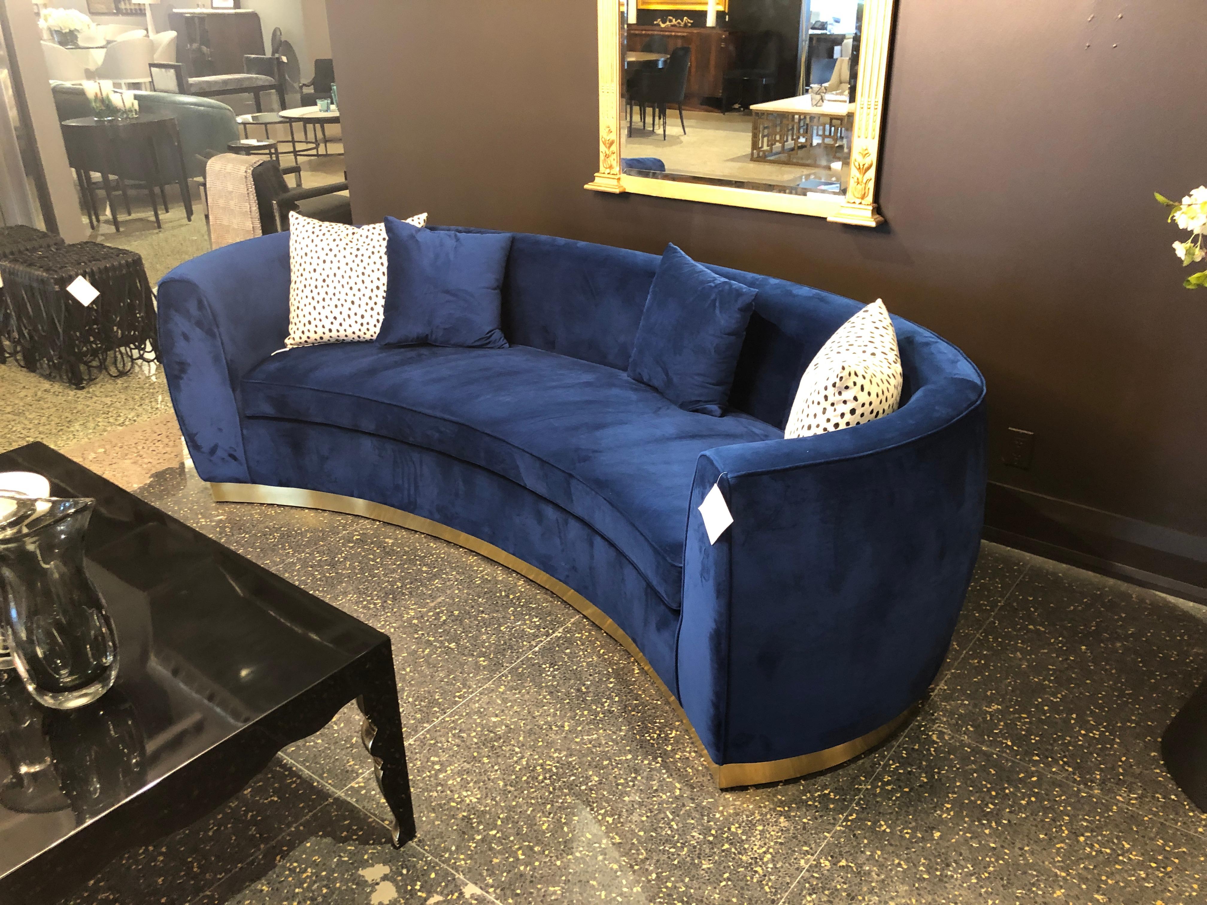 Italian Blue Velvet Curved Sofa with Brass Base 8
