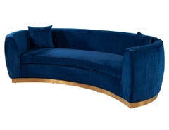 Italian Blue Velvet Curved Sofa with Brass Base